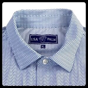USA PALM Button Down Shirt Mens XL Blue Striped Performance Stretch Short Sleeve